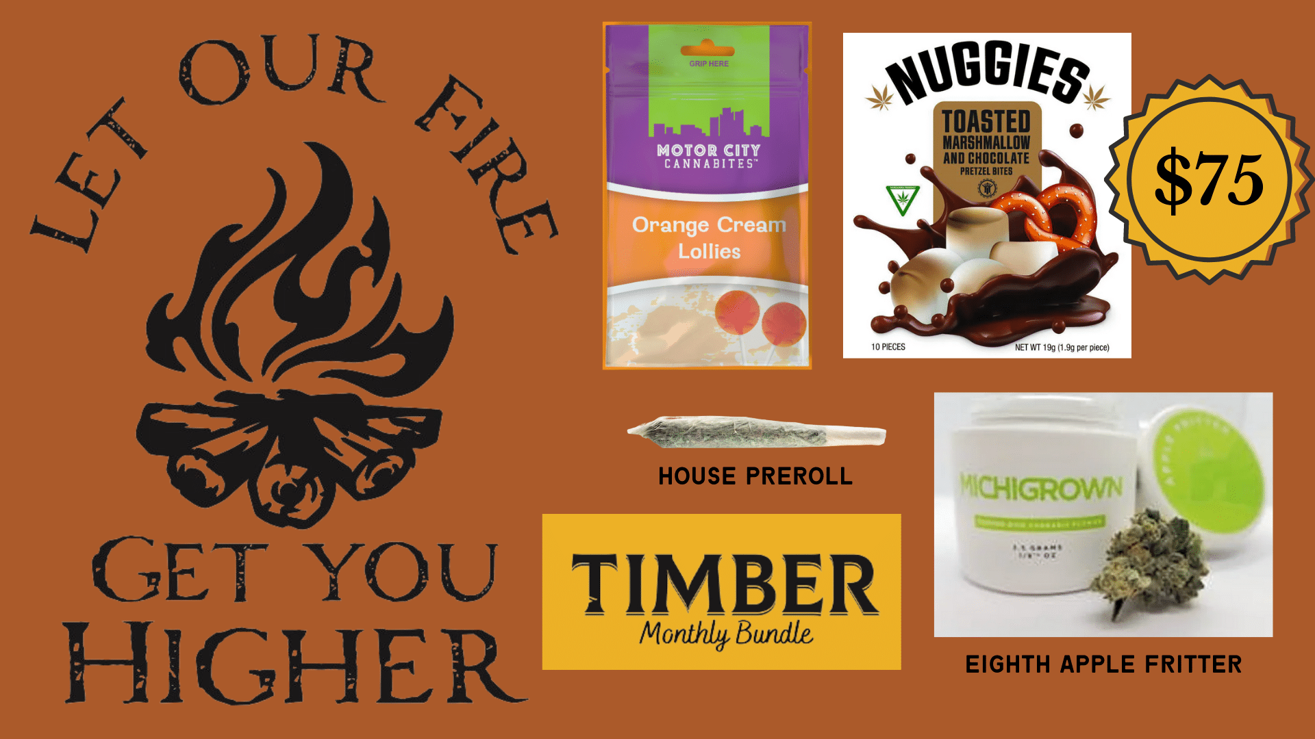 Timber October Bundle: Motor City Lollies, Michigrown Apple Fritter, Toasted Marshmallow Nuggies, House Preroll